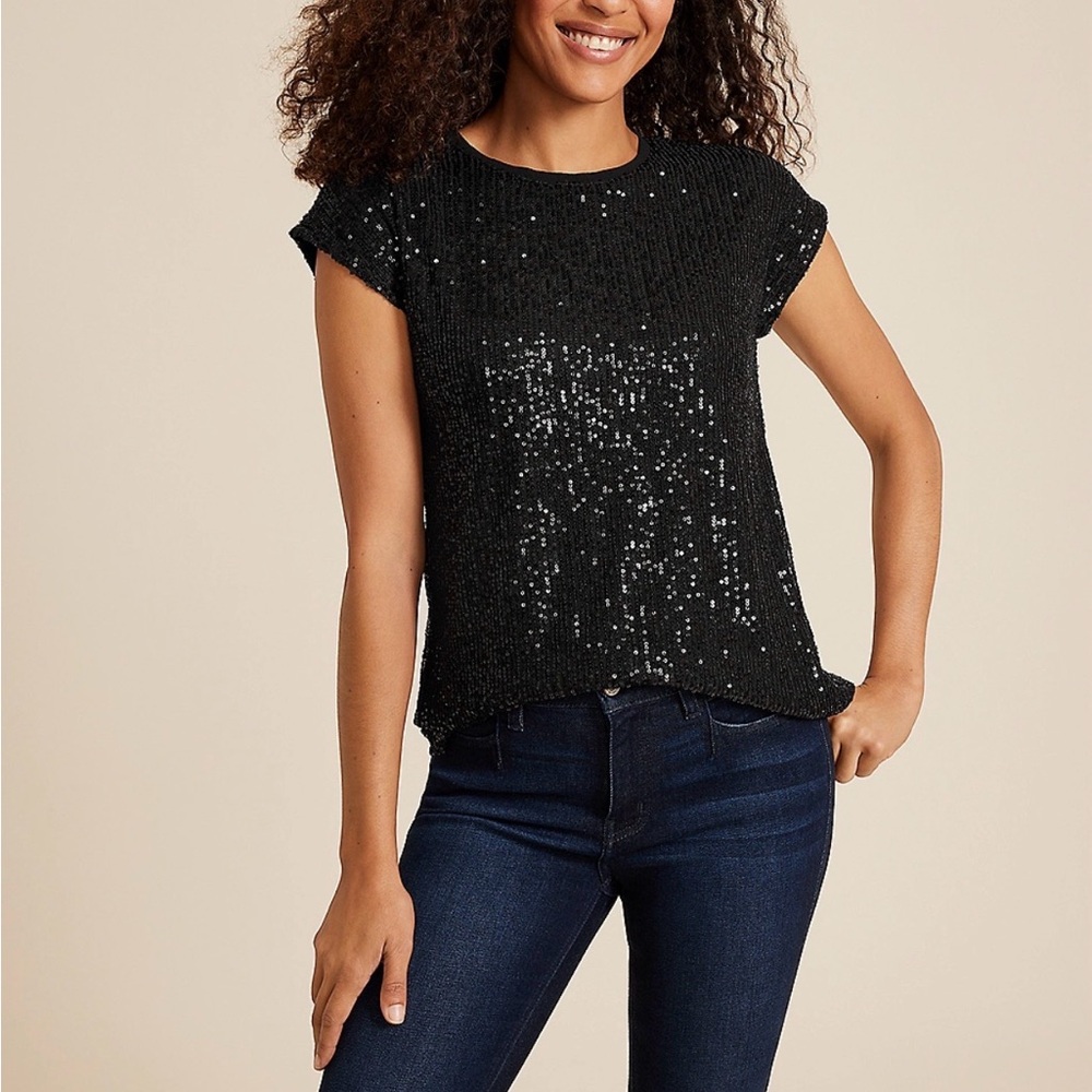 Black Sequin Short Sleeve Knit Event Date Night Sparkle Top Small